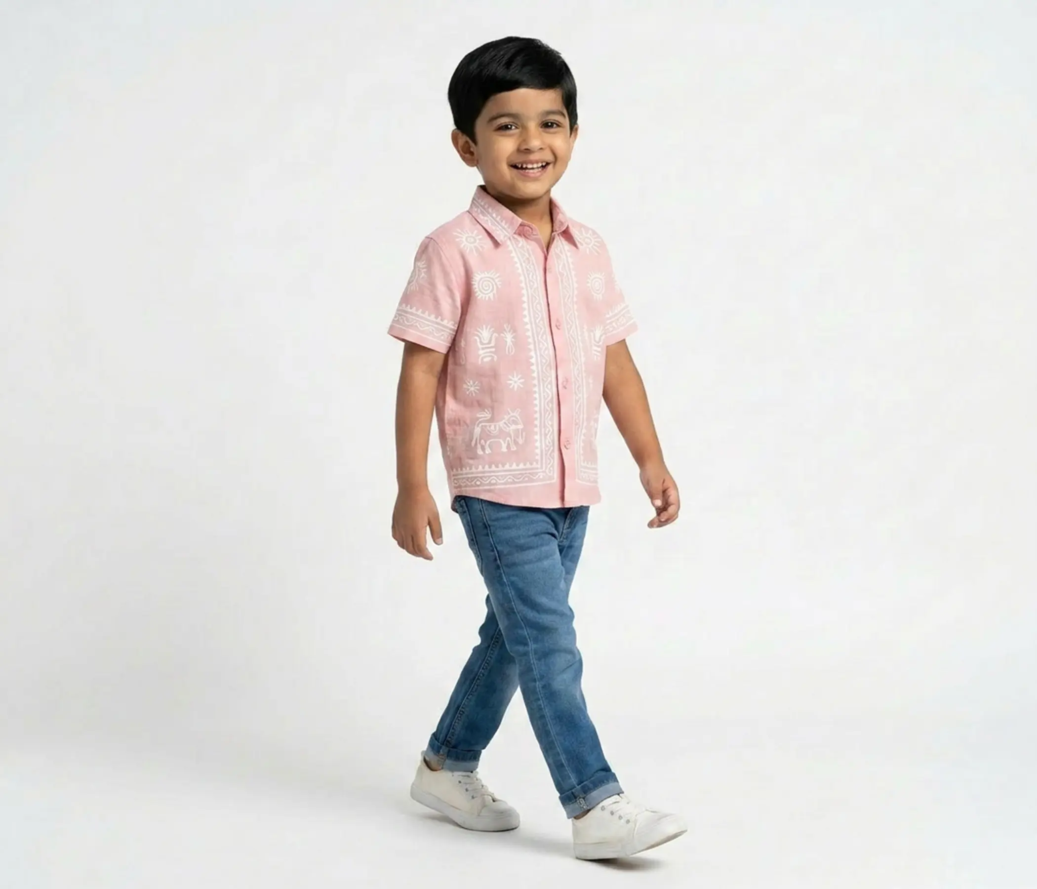 Hand Painted Pink Cotton Shirt for Boys | Ethnic Casual Wear Kids Shirt